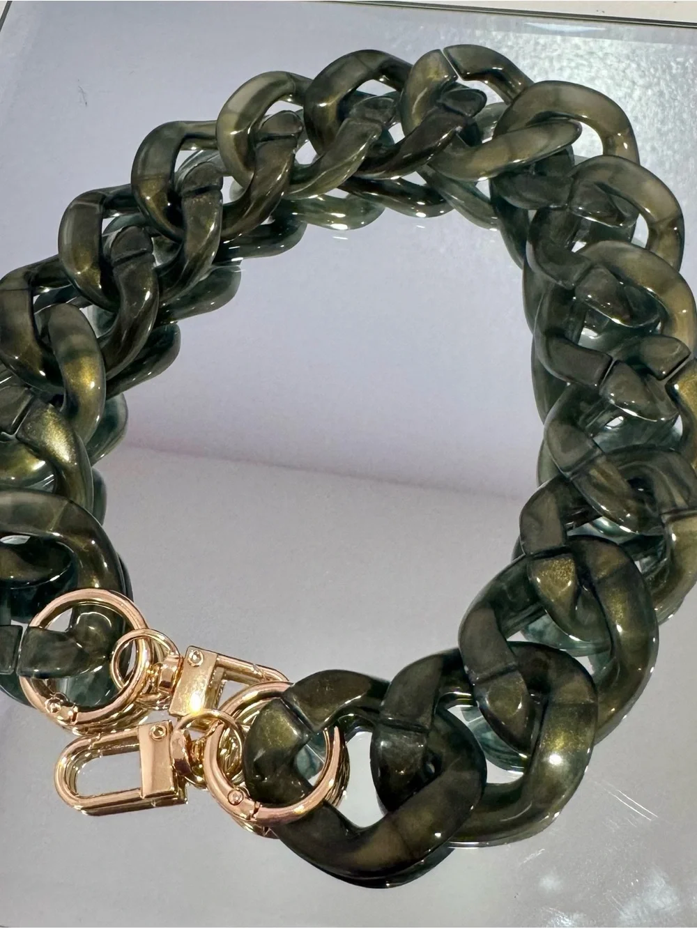 New Acrylic Glossy Camo Green Bag Chain 18 inches   withGold Hardware